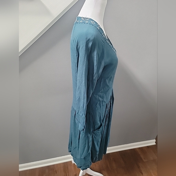 Garnet Hill Dress Womens 4 Teal Green Embroidered Boho Pockets - Picture 4 of 7